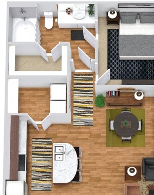 The Pecan 3D The Pecan 3D. 1 bedroom apartment. Kitchen with island open to living/dinning rooms. 1 full bathroom. Walk-in closet. Flex room/den. Patio/balcony.